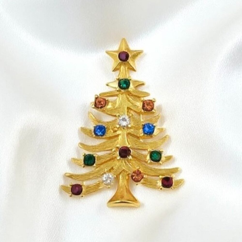 Vintage Eisenberg Ice Christmas Tree Gold-Tone Brooch w/Rhinestones
